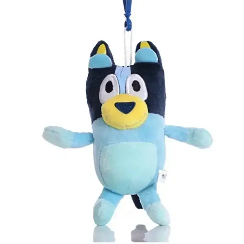 Blue plush toy with a yellow mouth on a white background