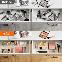 Before and after comparison of a makeup drawer organization.