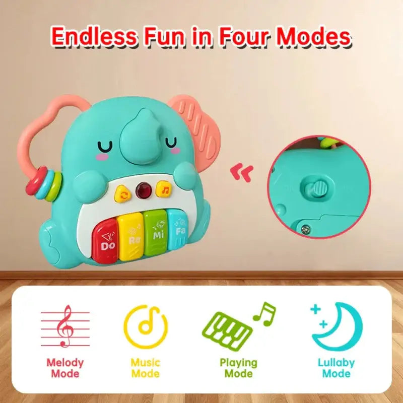 Toy piano shaped like an elephant with colorful buttons on a beige background
