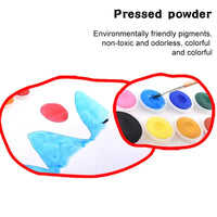 Paint palette with colorful pressed powder and text about environmentally friendly pigments.