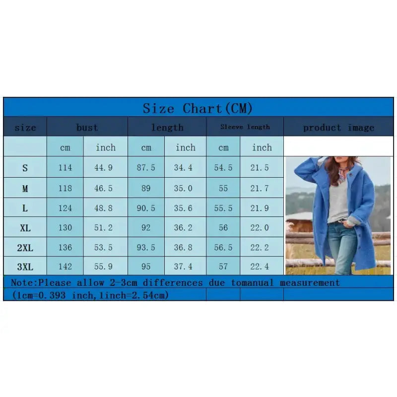 Size chart for a blue coat with measurements in centimeters and inches, and a product image of a person wearing the coat.