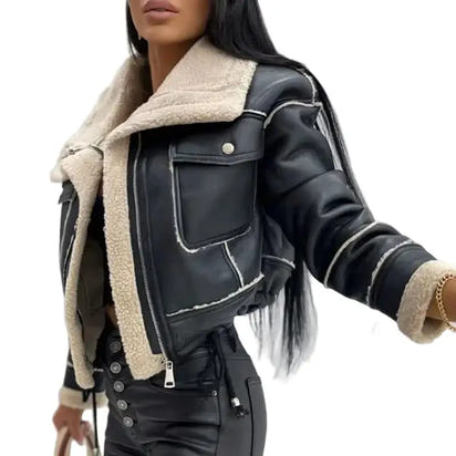 Lambswool Pu Leather Cropped Jacket