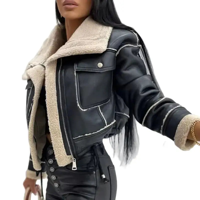 Lambswool Pu Leather Cropped Jacket