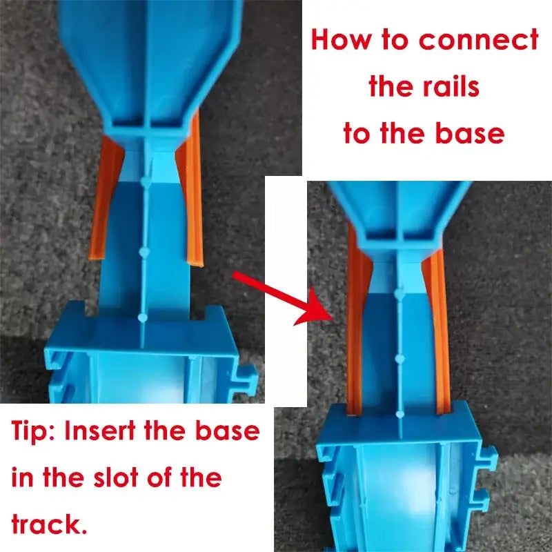 Blue track component with red arrows and text on a gray background