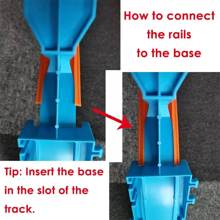 Blue track component with red arrows and text on a gray background