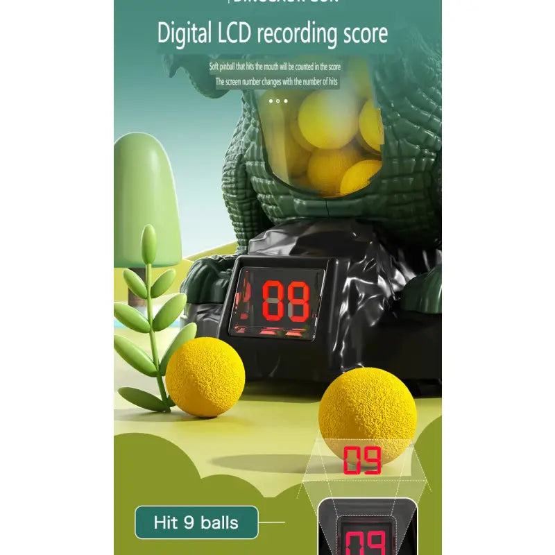 Toy dinosaur with digital LCD screen and yellow balls on a green background