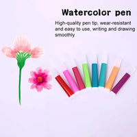 Set of watercolor pens with flowers on a light purple background