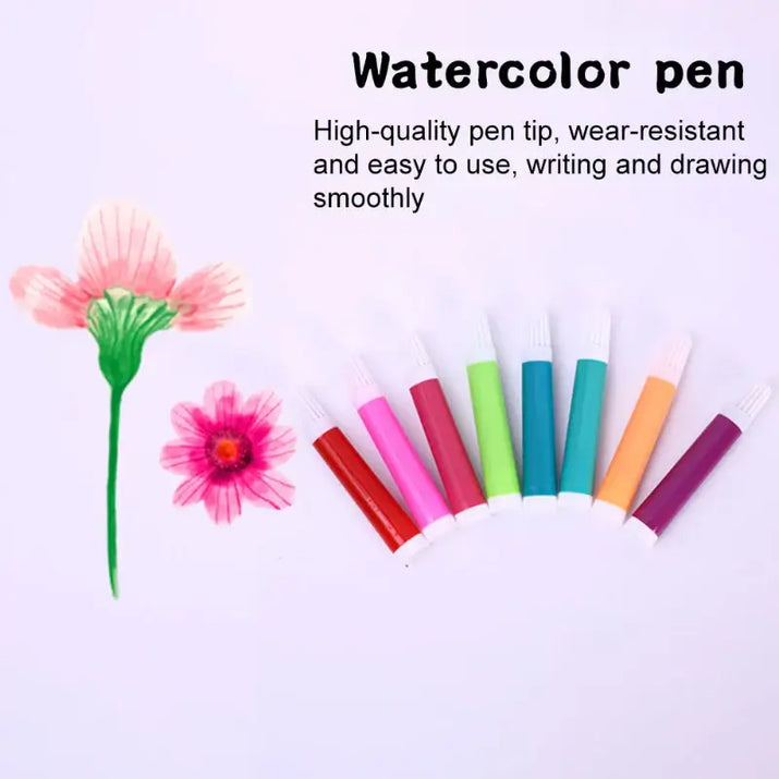 Set of watercolor pens with flowers on a light purple background