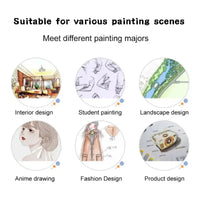 Illustrations of various painting genres including interior design, student painting, landscape design, anime drawing, fashion design, and product design.