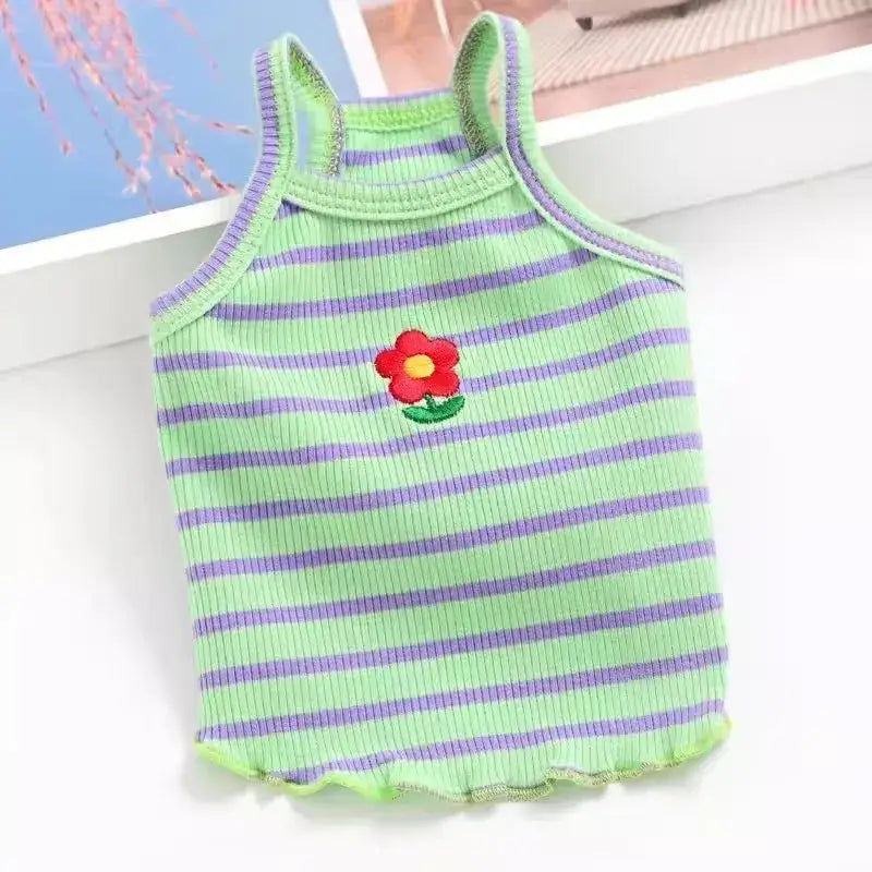 Green and purple striped dog tank top with flower for puppy summer clothes for small dogs
