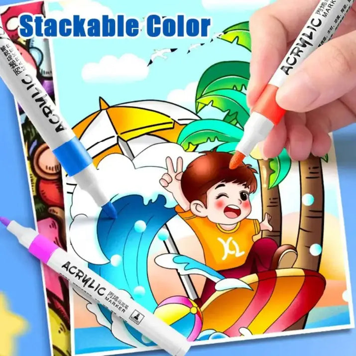 Coloring book with a child at the beach and acrylic markers being used to color it.