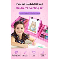 Children's painting set with a girl drawing, on a pink background