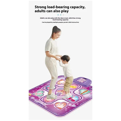 Woman and child playing on a dance mat with text about its load-bearing capacity and suitability for adults.
