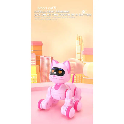 Pink robot cat toy with text on a pastel background
