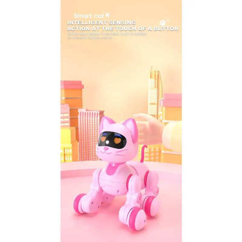 Pink robot cat toy with text on a pastel background
