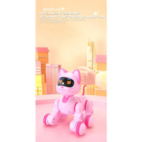 Pink robot cat toy with text on a pastel background