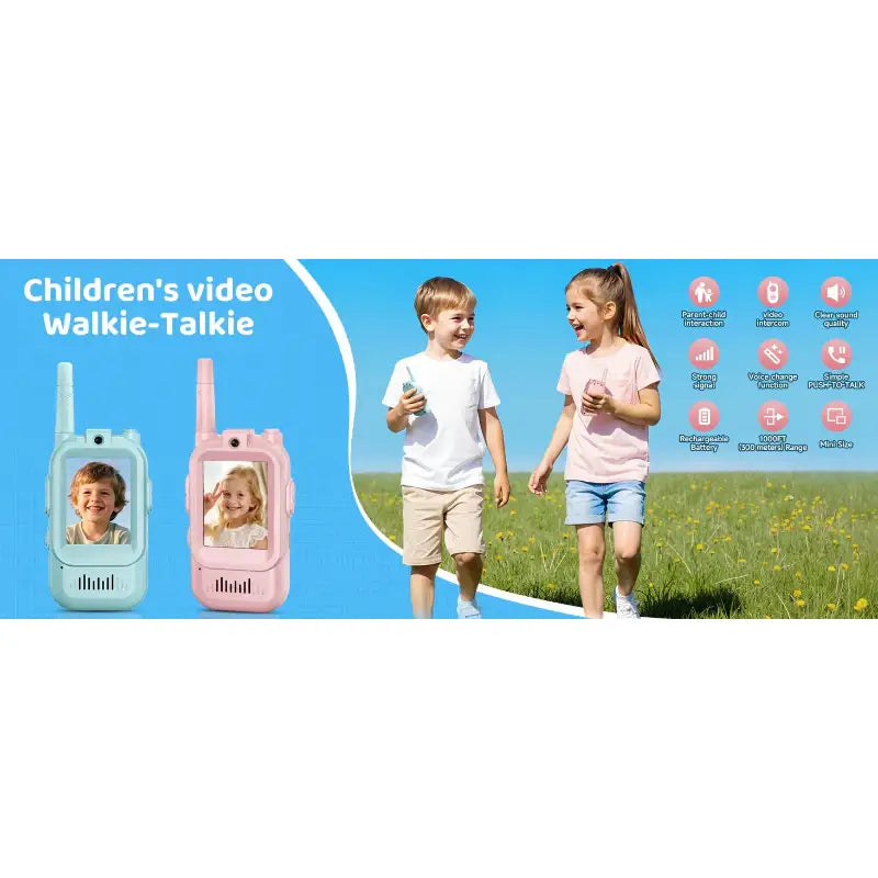 Children playing outdoors with walkie-talkies, surrounded by nature and app icons on a blue background.