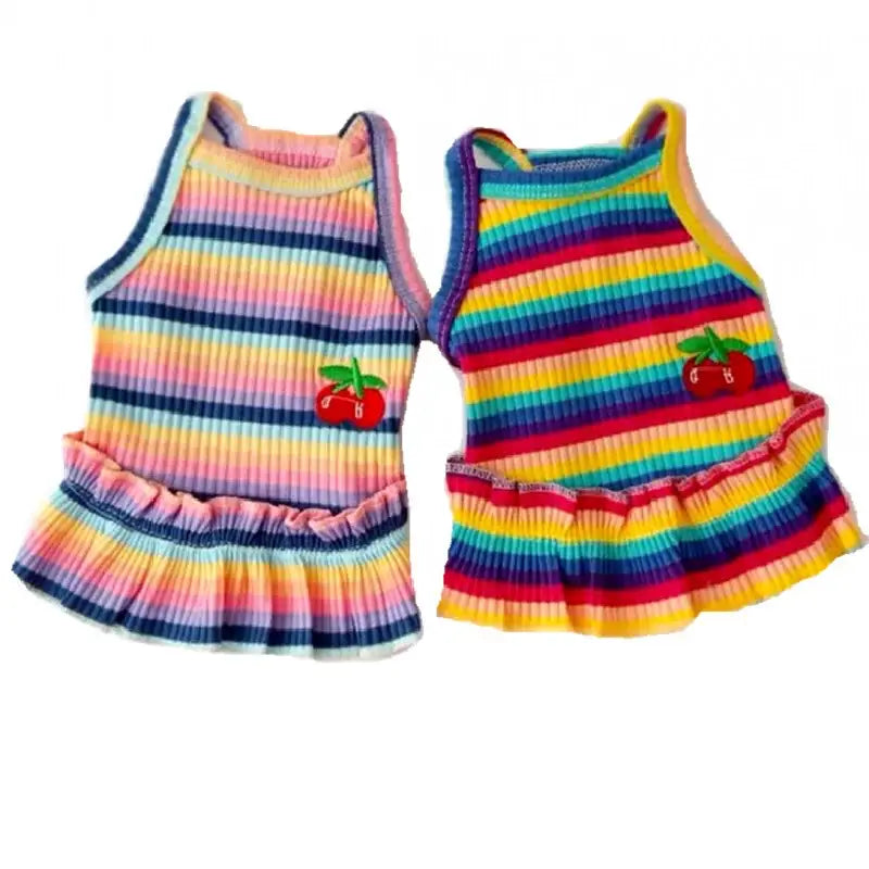 Colorful striped puppy summer clothes for small dogs with cherry embellishments