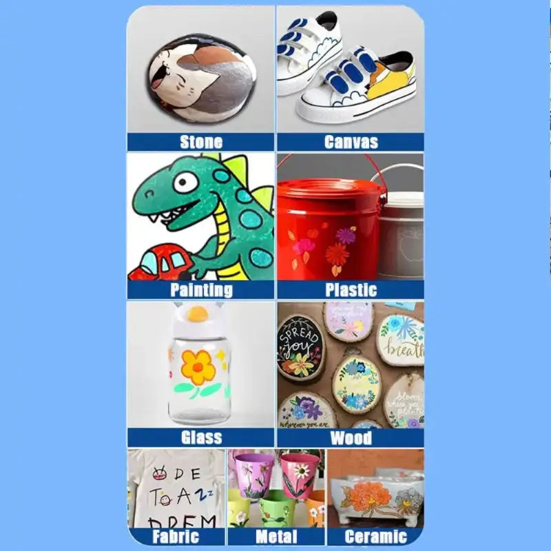 Collage of various items with different materials labeled on a blue background