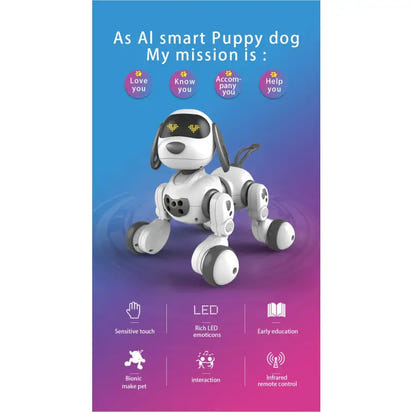 AI smart puppy dog toy with features listed on a blue and purple gradient background