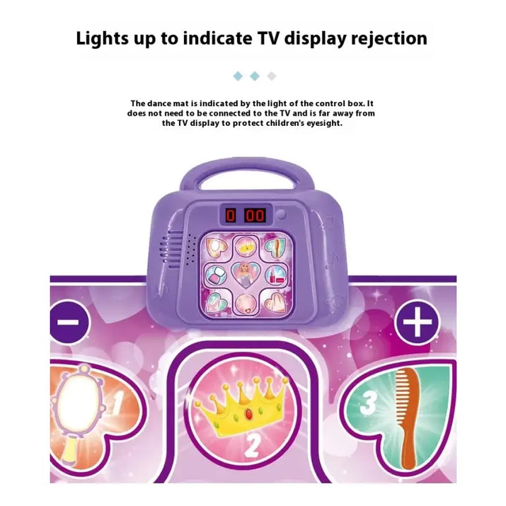 Purple dance mat with control box and icons on a white background