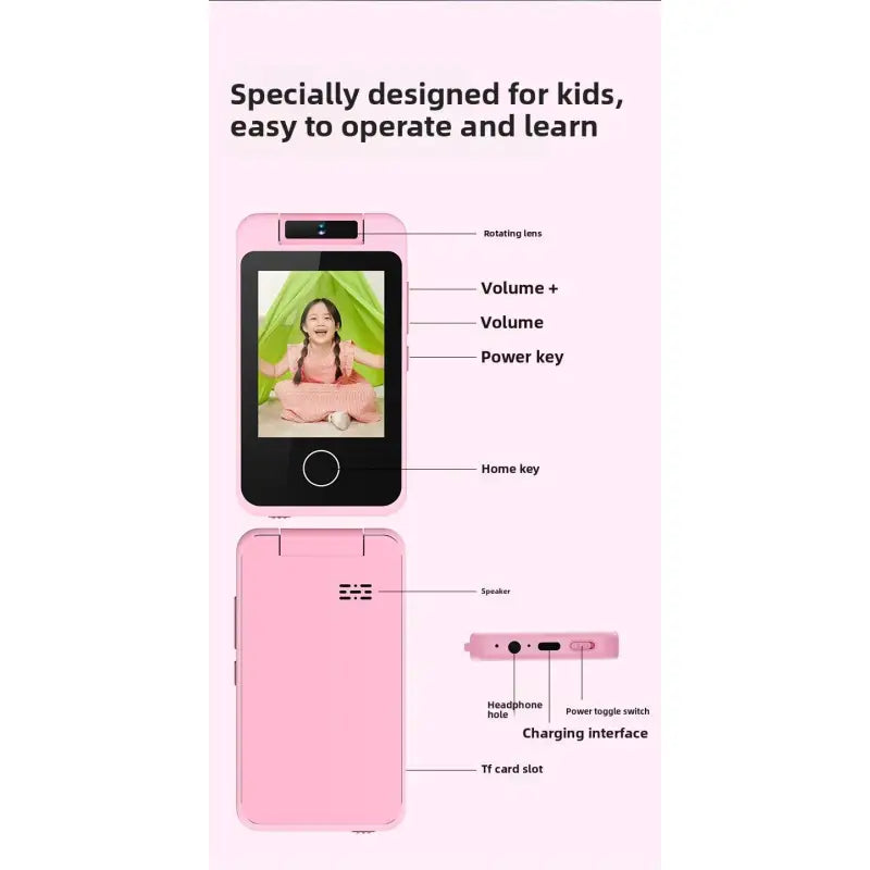 Pink children's phone with labeled features on a white background