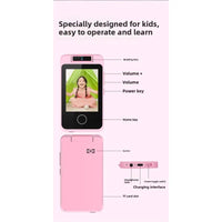 Pink children's phone with labeled features on a white background