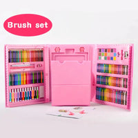 Pink art set with various tools on a white background