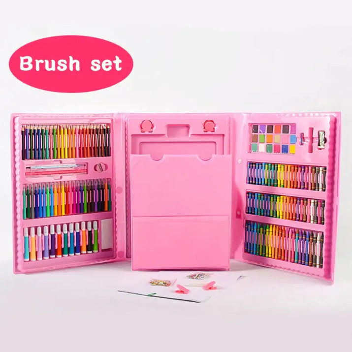 Pink art set with various tools on a white background