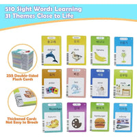 Set of double-sided flashcards with sight words and illustrations on a colorful background.