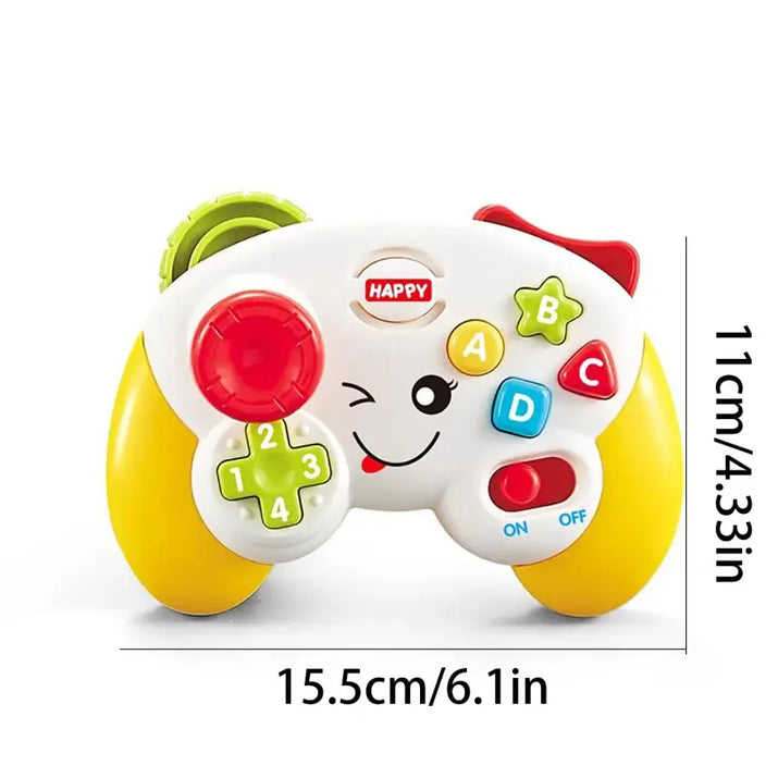 Colorful toy controller with buttons and a smiley face on a white background