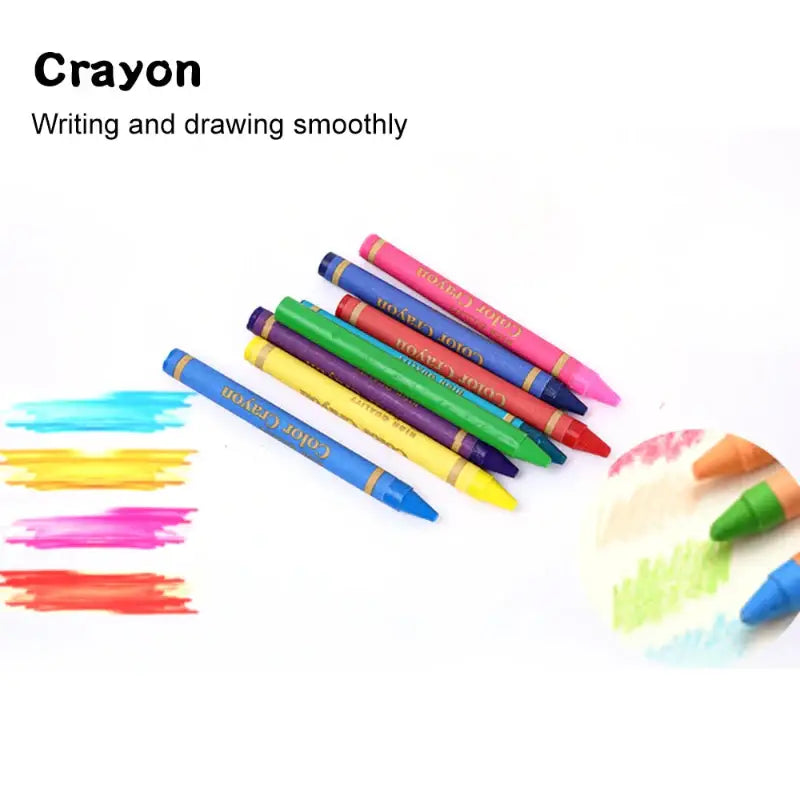 Colorful crayons with samples of lines and a circle on a white background