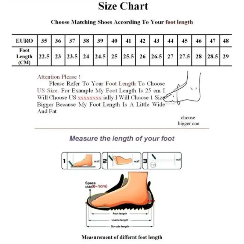 Shoe size chart with measurements for foot length and shoe sizes.