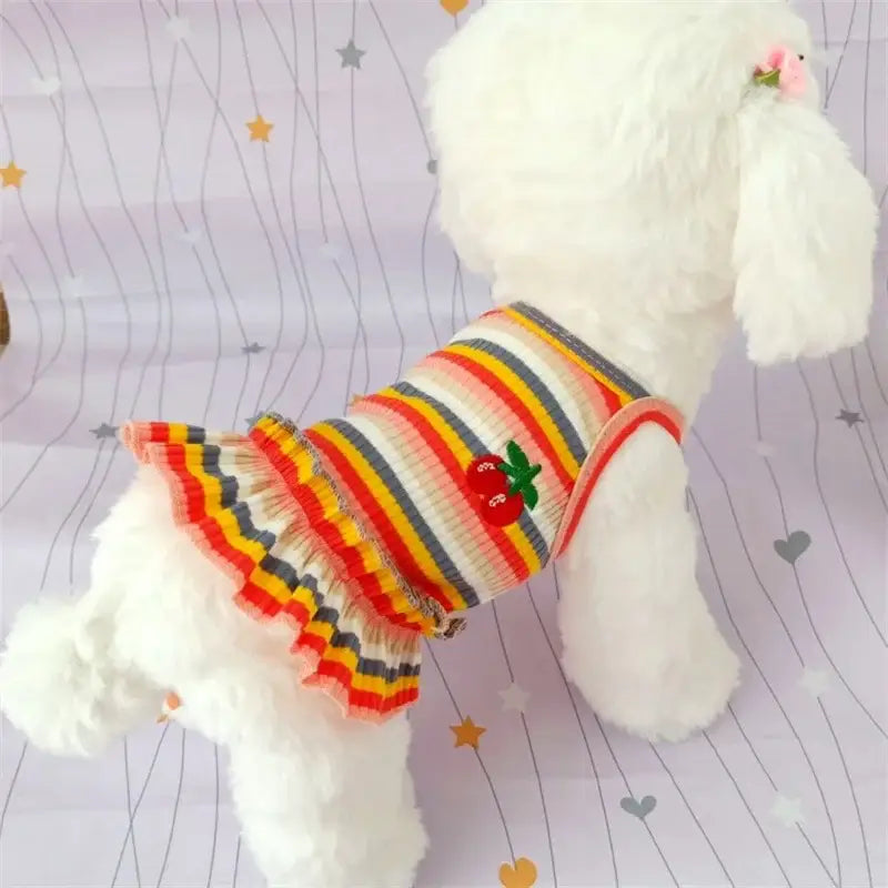 Striped dog dress with cherry applique, perfect for puppy summer clothes for small dogs