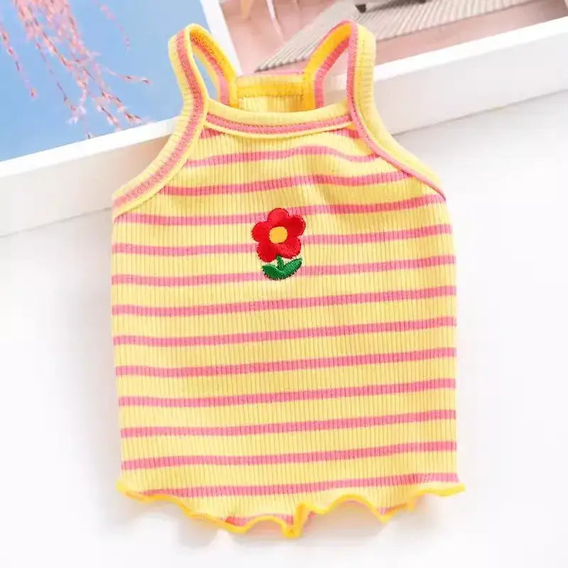 Yellow and pink striped dog tank top with flower, perfect puppy summer clothes for small dogs