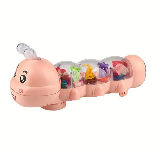 Toy caterpillar with colorful letters inside on a white background
