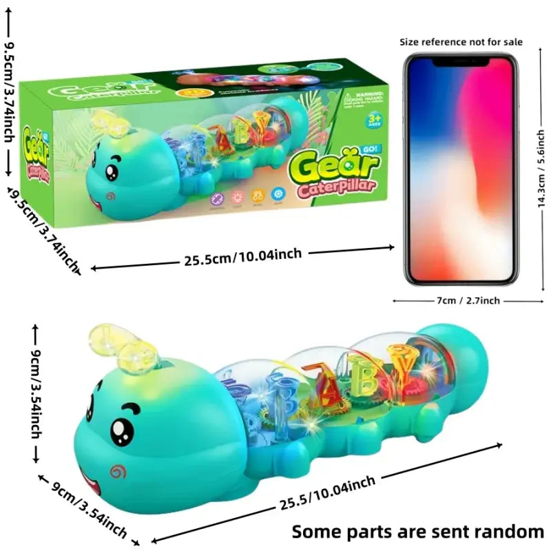 Toy caterpillar with dimensions labeled next to a smartphone for scale.