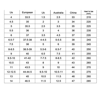 LZXGSJ shoes size chart with conversion details for various shoe sizes.