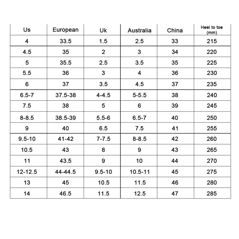 LZXGSJ shoes size chart with conversion details for various shoe sizes.