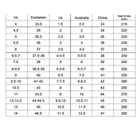 LZXGSJ shoes size chart with conversion details for various shoe sizes.