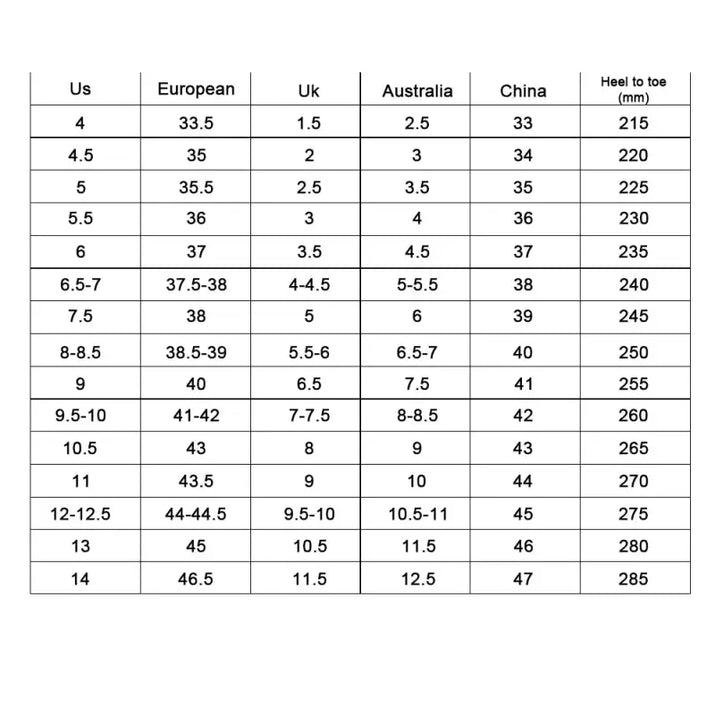 LZXGSJ shoes size chart with conversion details for various shoe sizes.