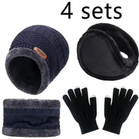 Set of winter accessories including a beanie, ear muffs, scarf, and gloves with '4 sets' text above.