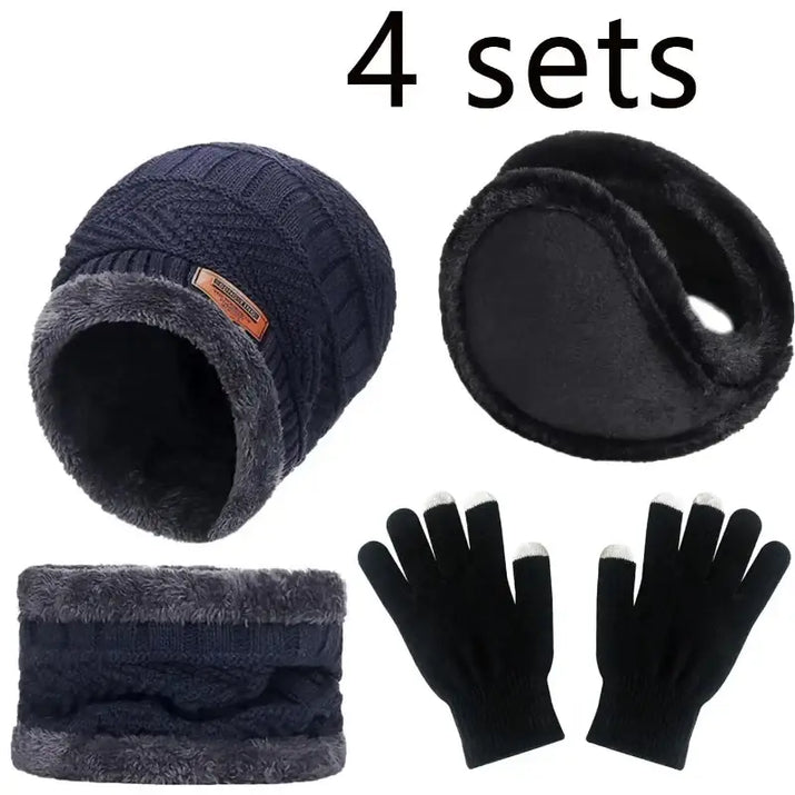 Set of winter accessories including a beanie, ear muffs, scarf, and gloves with '4 sets' text above.