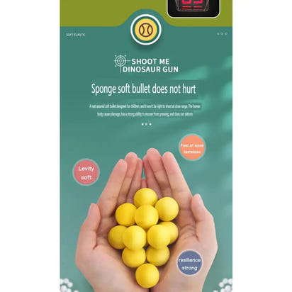 Product advertisement for a dinosaur gun with yellow balls, showing hands holding them against a green background.