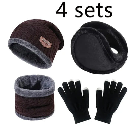 Set of winter accessories including a beanie, ear muffs, scarf, and gloves on a white background.