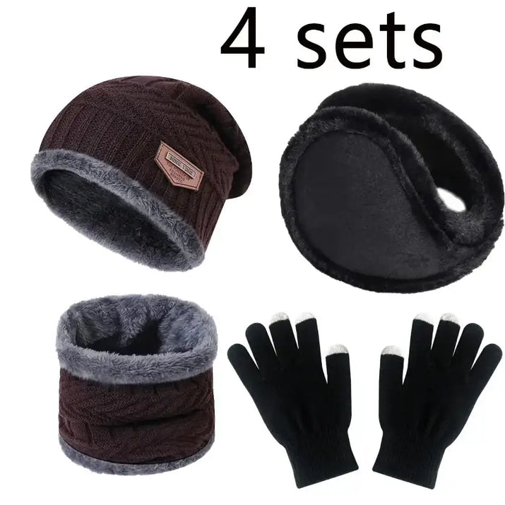 Set of winter accessories including a beanie, ear muffs, scarf, and gloves on a white background.