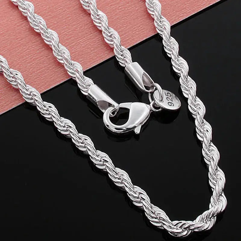 Sterling Silver Rope Chain Necklace showcasing a twisted sterling silver chain design
