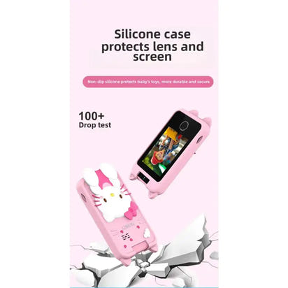 Pink silicone case with cartoon character design for a screen protector, showing durability with a drop test graphic.