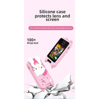 Pink silicone case with cartoon character design for a screen protector, showing durability with a drop test graphic.