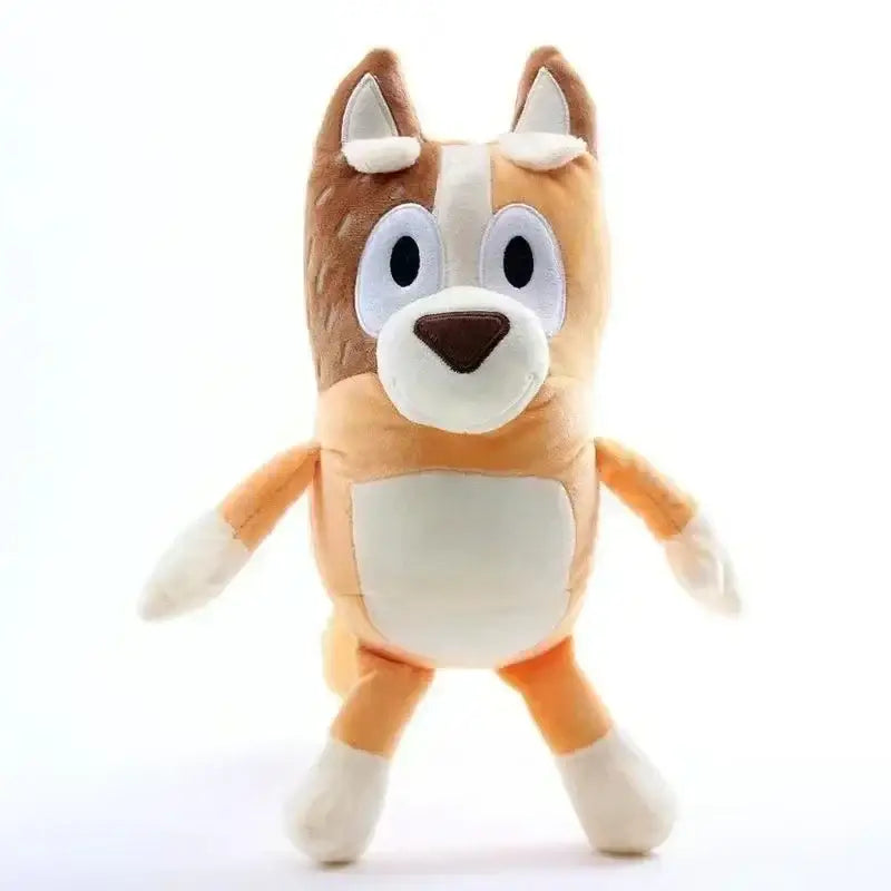 Plush toy fox with a white belly on a white background